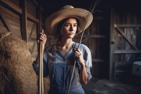 Portrait of a tough woman in denim overalls and a straw hat, holding a pitchfork and standing in front of a barn''の素材