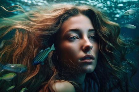 Portrait of a woman in a mermaid-like underwater scene with flowing hair and a shimmering tailの素材