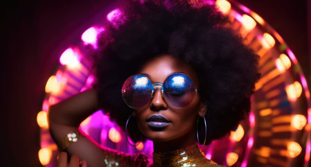 Portrait of a woman with afro hair, wearing a glittery disco ball headband and oversized sunglasses, against a psychedelic backdrop with neon lightsの素材
