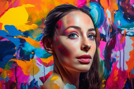 Portrait of a woman with a vibrant and colorful abstract art background, showcasing her individuality and personalityの素材