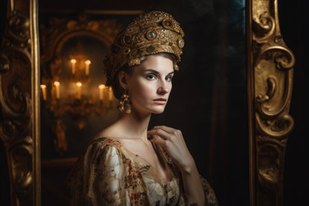 Renaissance Beauty Portrait of a woman in a Renaissance-style dress and headdress, standing in front of an ornate gold mirrorの素材