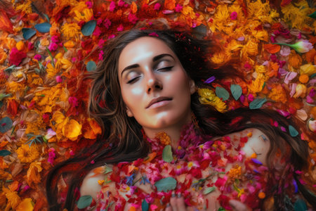 Woman surrounded by colorful flower petals in a Land Art portraitの素材