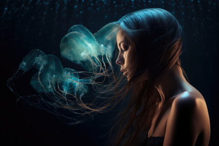 Underwater Beauty Woman with Flowing Hair and Bioluminescent Jellyfishの素材