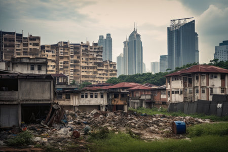 Contrasting cityscape of opulent and impoverished neighborhoods with towering skyscrapers in the background and rundown buildings in the foregroundの素材