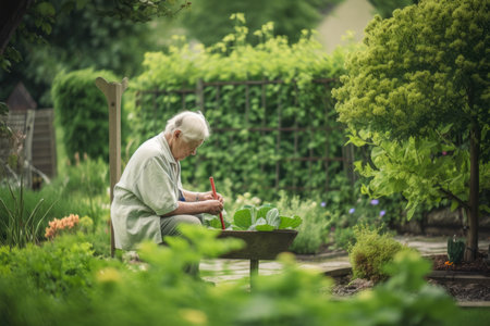Solitude in the Garden Elderly Person Tending to Plants in a Peaceful Backyardの素材