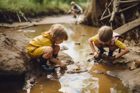 Adventurous kids braving a contaminated river to explore the unknownの素材
