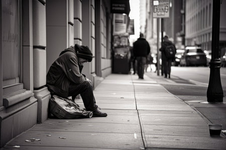 Left Behind Homeless Person Watching People Pass by on the Sidewalkの素材
