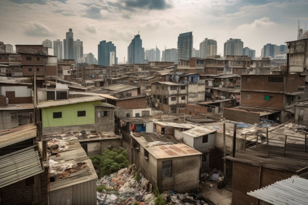 Contrasting cityscape of opulent and impoverished neighborhoods with towering skyscrapers in the background and rundown buildings in the foregroundの素材