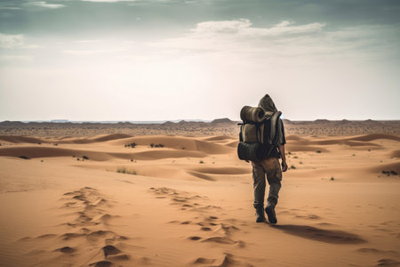 lone figure walking through the desert with a heavy load, seeking an oasis in the distanceの素材