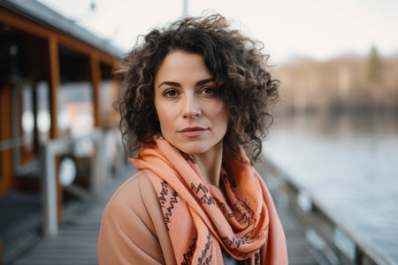 Beautiful woman with dark curly hair and deep brown eyes wearing a salmon-colored scarf and gold bracelet, standing on a wooden dock with calm blue ocean water in the backgroundの素材
