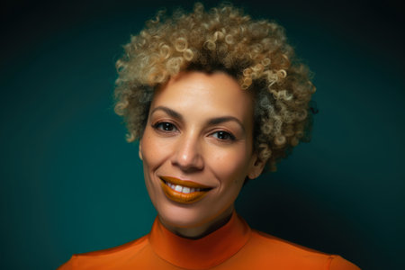 Close-up portrait of a stunning woman with short curly hair, wearing a bold orange lipstick and a playful expression, set against a dark teal backgroundの素材