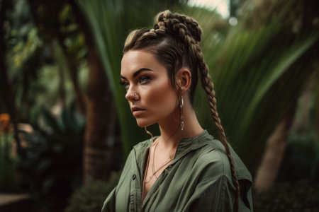 Beautiful woman with long braided hair and a piercing gaze wearing an army green silk dress in a lush tropical gardenの素材