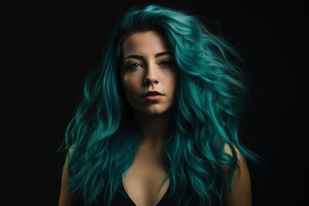 beautiful woman with long, wavy teal hair posing against a dramatic teal and black background, exuding both strength and vulnerabilityの素材