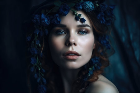 Dreamy portrait of a beautiful woman with a dark blue background and ethereal makeup that creates a mystical and magical atmosphere in the imageの素材