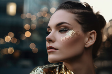 Close-up of a gorgeous woman's face in metallic makeup with a blurred cityscape in the backgroundの素材