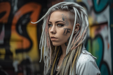 Bold portrait of a woman with white dreadlocks and striking makeup, standing in front of a white brick wall with graffiti artの素材