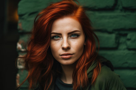 attractive beauty of a woman with fiery red hair and piercing green eyes, set against a dark olive green brick wallの素材