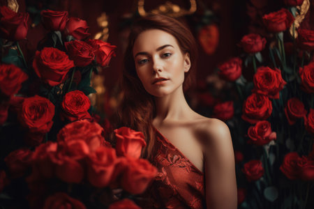 Portrait of a beautiful woman with vibrant red hair, wearing a flowing red dress and holding a bouquet of red roses, standing in front of a red wall with golden highlightsの素材