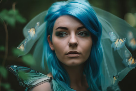 Portrait of a serene and ethereal woman with turquoise blue hair and delicate turquoise blue butterfly wings, surrounded by a magical forestの素材