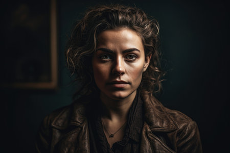Captivating portrait of a woman with a deep and complex emotional expression captured in a studio with dark tones and a textured backgroundの素材