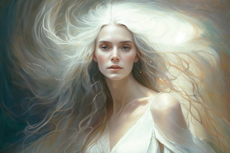 Ethereal portrait of a woman with iridescent hair wearing a sheer white gownの素材