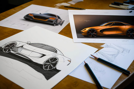 Automotive design studio with sketches and models of carsの素材