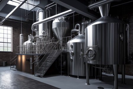 Contemporary beer plant with state-of-the-art brewing kettles and tanksの素材