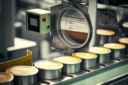 Canned food products being packaged and sealed on conveyor beltの素材