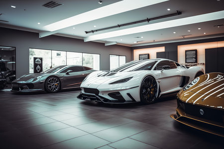 High-end luxury car showroom with shiny sports carsの素材