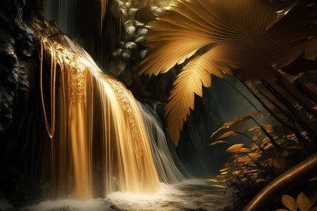 Golden waterfall wallpaper with a shimmering cascade and lush vegetationの素材