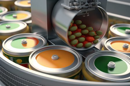 Close up of canned fruits and vegetables on a conveyor beltの素材