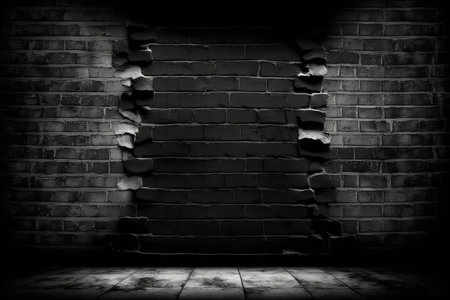 Grunge black painted brick wall with a textured surfaceの素材