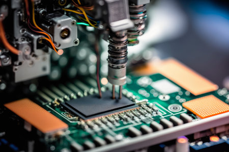 close-up view of a robotic arm in action, its metallic fingers delicately assembling tiny electronic components with speed and precisionの素材