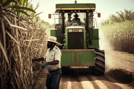 close-up of sugarcane being harvested by a farmer in a tropical field, ready to be turned into sweet granulated sugarの素材