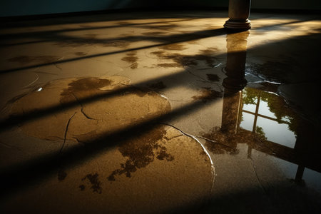 Dark brown concrete floor with shadows and reflectionsの素材