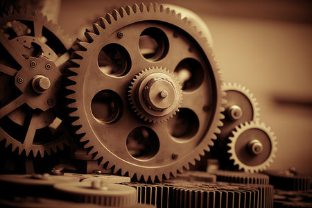engine gear wheel system with a sepia tone giving an old-fashioned atmosphereの素材