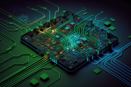 Circuit technology concept in blue and green with circuit paths and wiresの素材