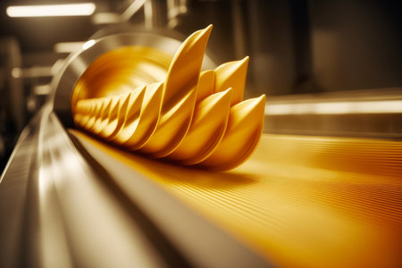 close-up of a single corn kernel on a conveyor belt in a food production factory The kernel is golden yellow and smooth, and it looks perfectly shapedの素材