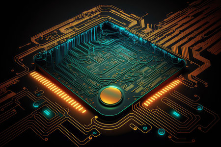 futuristic computer technology background with a circuit board and digital data designの素材