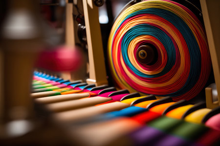 detailed image of a loom in a textile factory, with colorful threads weaving in and out of the machine, creating a beautiful patternの素材