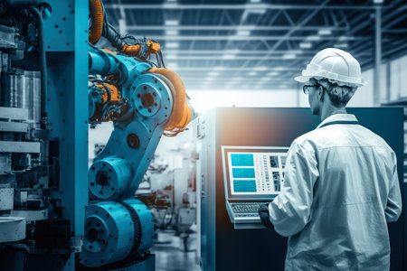 Industrial Robot with Human Worker in Smart Factory Production Lineの素材