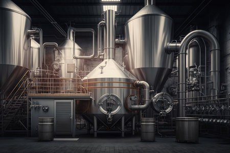 Stainless Steel Brewery Futuristic beer production facility with gleaming brewing kettles, tubes, and tanksの素材