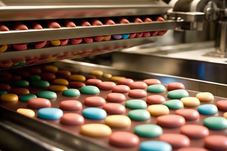 Process of making candies on a conveyor belt in a factoryの素材
