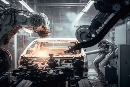 Metallic Symphony Robots Working Together on the Car Assembly Lineの素材