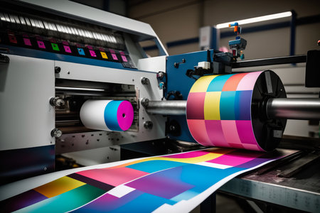 industrial printing machine in the process of printing a colorful, graphic design onto a large roll of paperの素材