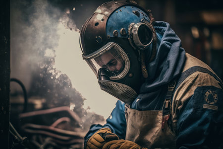 Worker Wearing Protective Gear Working on a Metal Piece in a Workshopの素材