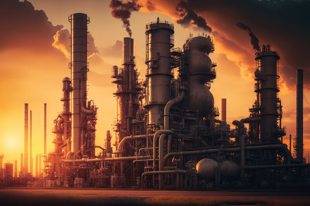 mesmerizing view of an oil and gas refinery plant illuminated by the warm glow of sunset, showcasing the scale and complexity of the industryの素材