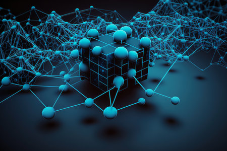 3D digital art illustration of a cyber network in an abstract blue background, representing the concept of technology and connectivityの素材
