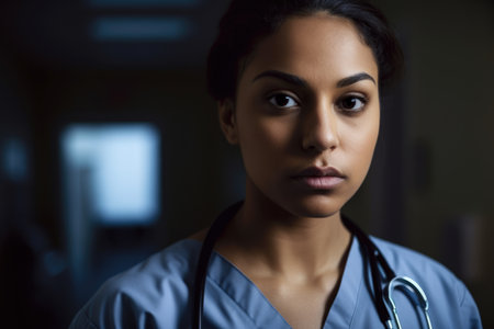 Close-up portrait of a beautiful medical records technician with a stethoscope around her neck, looking directly at the camera with a serious expressionの素材