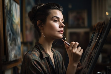 Portrait of a beautiful female artist lost in her thoughts while gazing at her unfinished artwork with paintbrush in handの素材